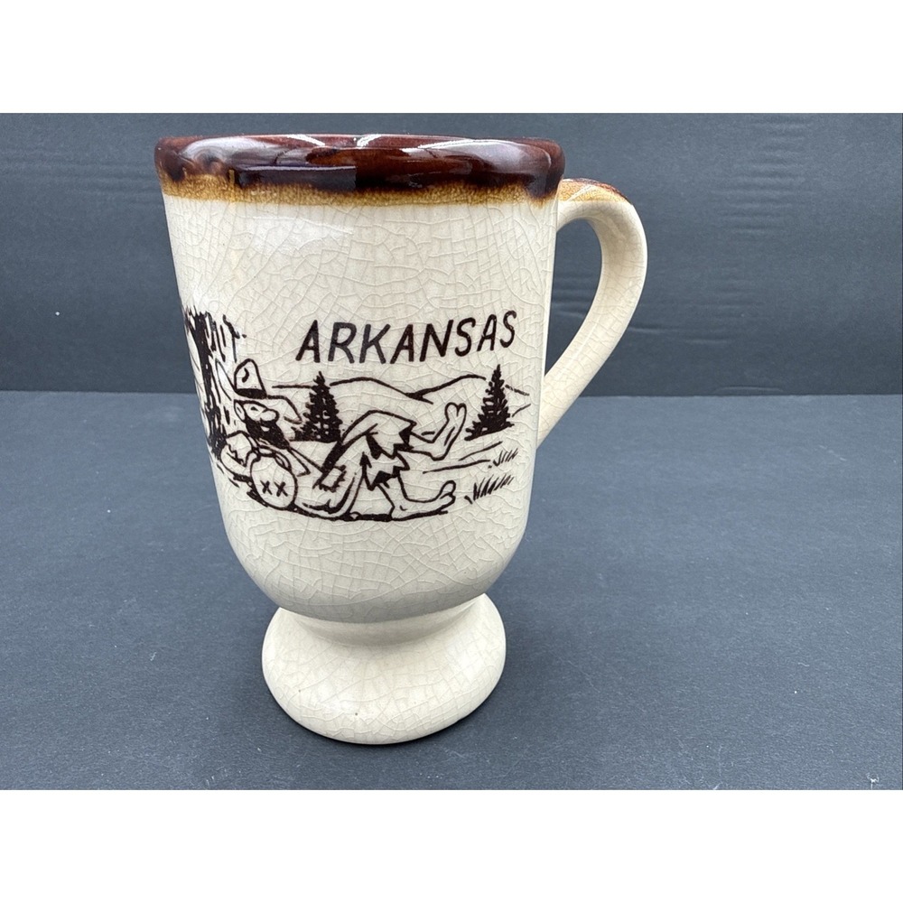 Vtg  70s Arkansas Souvenir Mug Coffee Cup Pedestal Crackle Glaze Funny Art Hobo